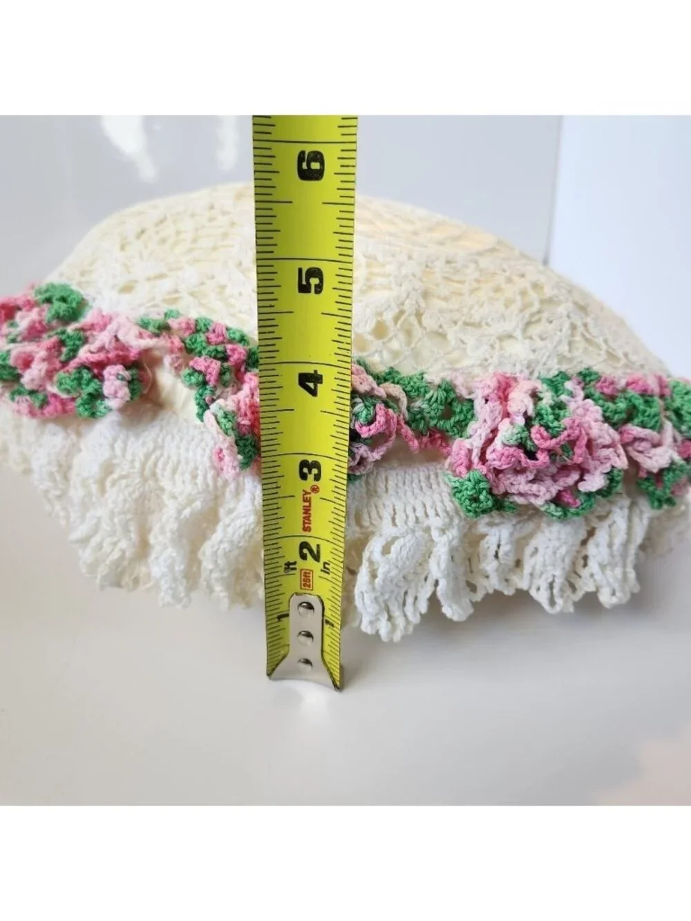 Vintage Pillow Crochet Knitted Floral Pink Flowers Decorative Cottagecore Decor